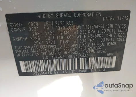 2020 Subaru Ascent Limited from USA, damaged, VIN 4S4WMALD0L3435389